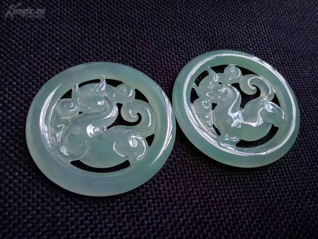 珍品翡翠 冰種晴水綠貔貅對(duì)牌，一枚一世界